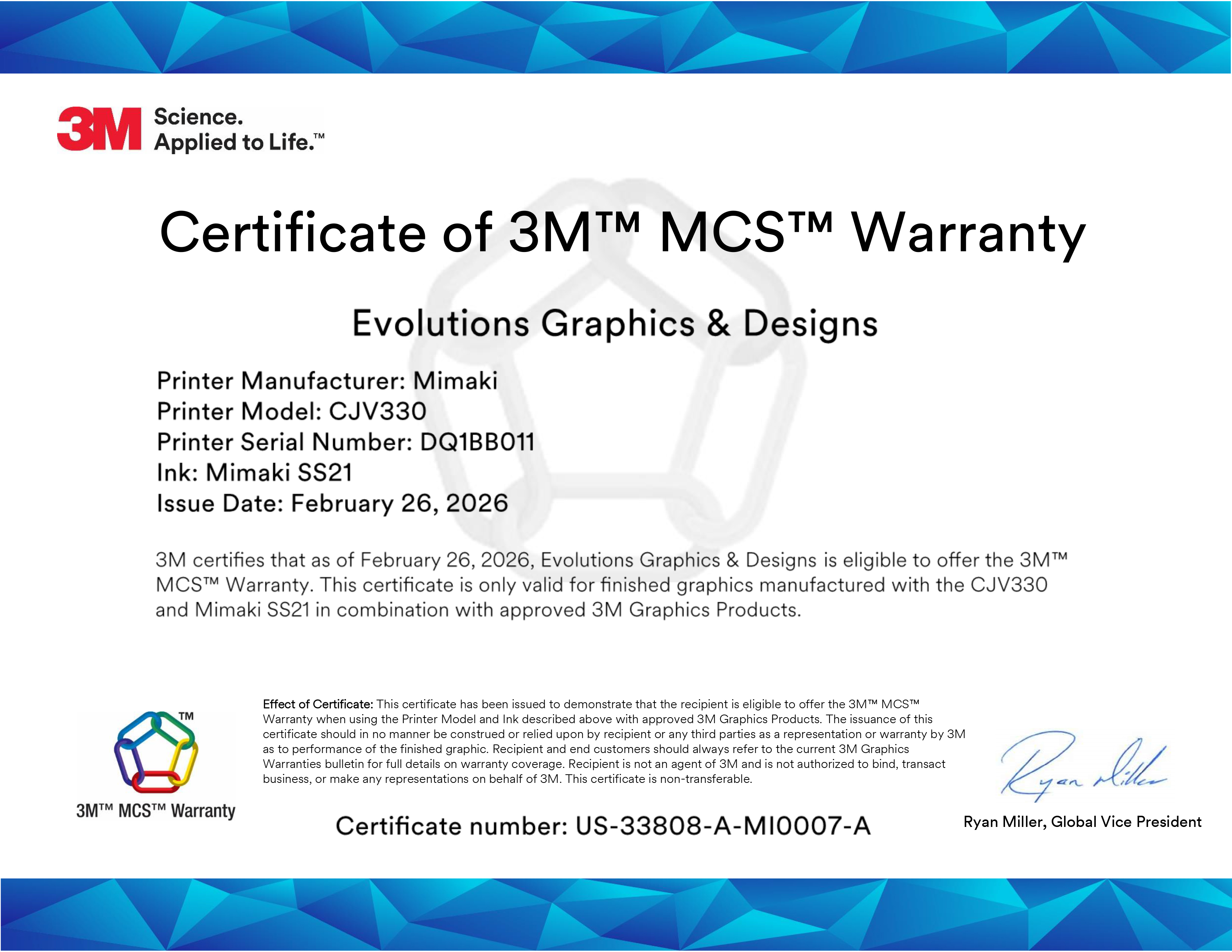 Certificate of 3M tm MCS tm Warranty