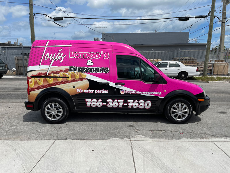 Toya hot dog full wrap, Miami Evolutions Graphics, miami car wrap, custom car decals, vehicle wrap near me, vinyl wrap car, custom car wrap, cut vinyl partial wrap